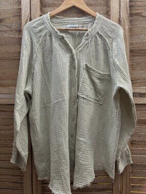4OUR DREAMERS Cotton Gauze Frayed Button Down Shirt Top Light Green M